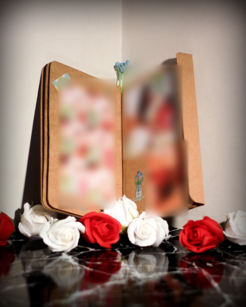 Handmade kraft mini photo album surrounded by red and white roses